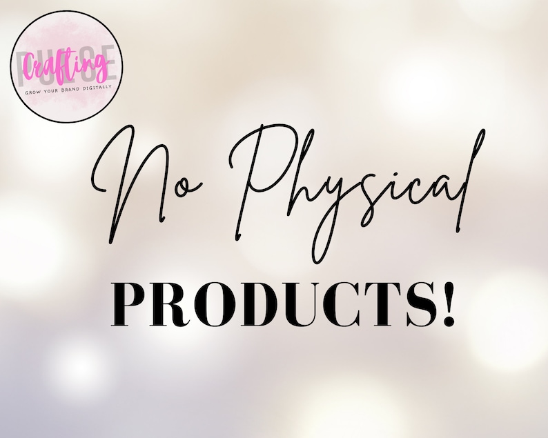 Pode incluir: Um fundo branco com um logotipo circular rosa que diz "Crafting" e "Grow Your Brand Digitally". O texto "No Physical Products!" est&aacute; escrito em it&aacute;lico preto e em negrito.