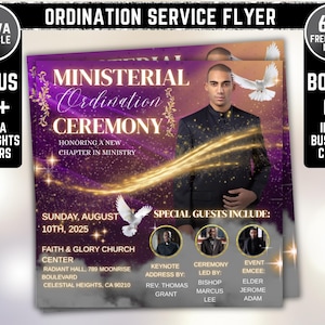 May include: A flyer for a Ministerial Ordination Ceremony, featuring a man in a suit, doves, and gold accents. The flyer includes the date, location, and names of special guests. It also advertises bonus Instagram highlights covers and business cards.