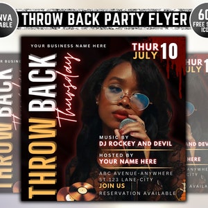 Puede incluir: Un folleto para una fiesta Throw Back Party el jueves 10 de julio. El folleto presenta a una mujer cantando en un micrófono con el texto "THROW BACK Thursday" en letras grandes y en negrita. El folleto también incluye el texto "Música de DJ ROCKEY AND DEVIL" y "Presentado por YOUR NAME HERE".