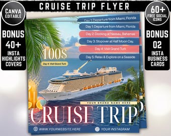 Cruise trip Flyer, Cruise Vacation Business Trip Template Boat Yacht Invitation Editable Canva Invite Party Invitation birthday Social Media