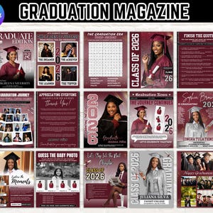 Pode incluir: Uma revista de formatura com um esquema de cores bordô e branco. A revista apresenta vários layouts com fotos de formandos, o texto "Turma de 2026" e a frase "Revista de Formatura" no topo. A revista inclui o texto "Evergreen University."