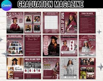 15x examenstidning Canva-mall | Redigerbar senior GRAD-tidning | Avgångselev 2026, DIY seniorminnesomslag och häftepaket