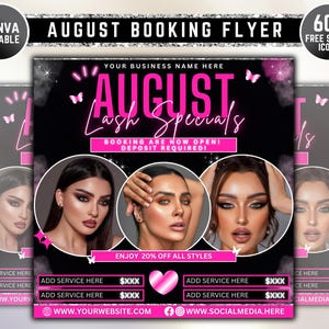 August Booking Flyer, Back To School Flyer, Summer Flyer, Canva Template, Book Now Appointments, Beauty, Lashes, Make up, Nails