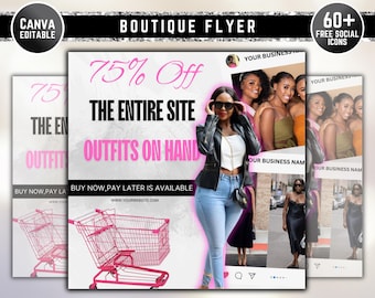 May include: A pink shopping cart with the text "75% Off The Entire Site Outfits On Hand" and "Buy Now, Pay Later Is Available" with the website address "www.yourwebsite.com".