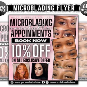 May include: Pink and white flyer with the text "Microblading Flyer" and "Book Now 10% Off". The flyer advertises microblading appointments with a 10% discount. It features images of women with microbladed eyebrows.