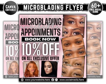 May include: Pink and white flyer with the text "Microblading Flyer" and "Book Now 10% Off". The flyer advertises microblading appointments with a 10% discount. It features images of women with microbladed eyebrows.