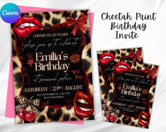 Cheetah Print Birthday Invitation, Black Bow Coquette Party Printable Invite, Editable Canva Design, Instant PDF Download