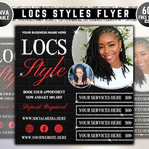 Locs and Styles Flyer, Loc Retwist, Barbearia, Cabeleireiro, Dreadlocks, Retwist, Loctician, Locs especial, Vermelho, Reserve agora, Editável no Canva