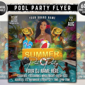 Summer Party Flyer, DIY Flyer Template Design, Summer Celebration Flyer, Party Invite, Pool Party Flyer, Premade Club DJ Event Party Flyer