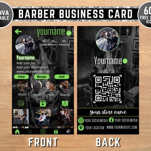 Modelo de cartão de visita para barbearia instagram 2024, design de cartão canva de negócios de barbeiro preto editável, código QR digital cartão de chamada DIY