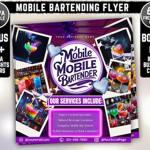 Mobile Bartending Flyer, Event Bartender Flyer, Premade Corporate Drink Service Party Flyer, Mixologist Portable Bartending, Canva Editable