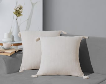 Handmade Woven Cotton Throw Pillow Cover: Farmhouse Pompom Cushion (18x18 in)