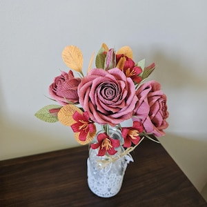 Crepe paper flower bouquet, fake pink roses, yellow artificial flowers, autumn floral decor, Thanksgiving centerpiece