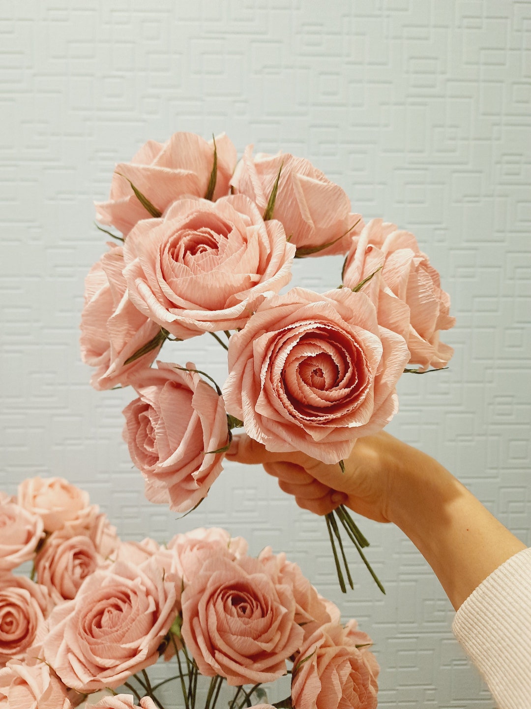 Rose Crepe Paper Flower Bouquet, Dusty Pink Fake Roses Artificial