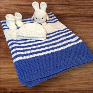 Denim and White Crochet Baby Blanket with Baby Hat, Booties, and Stuffed Bunny!  Hat and Booties size 0-3 month
