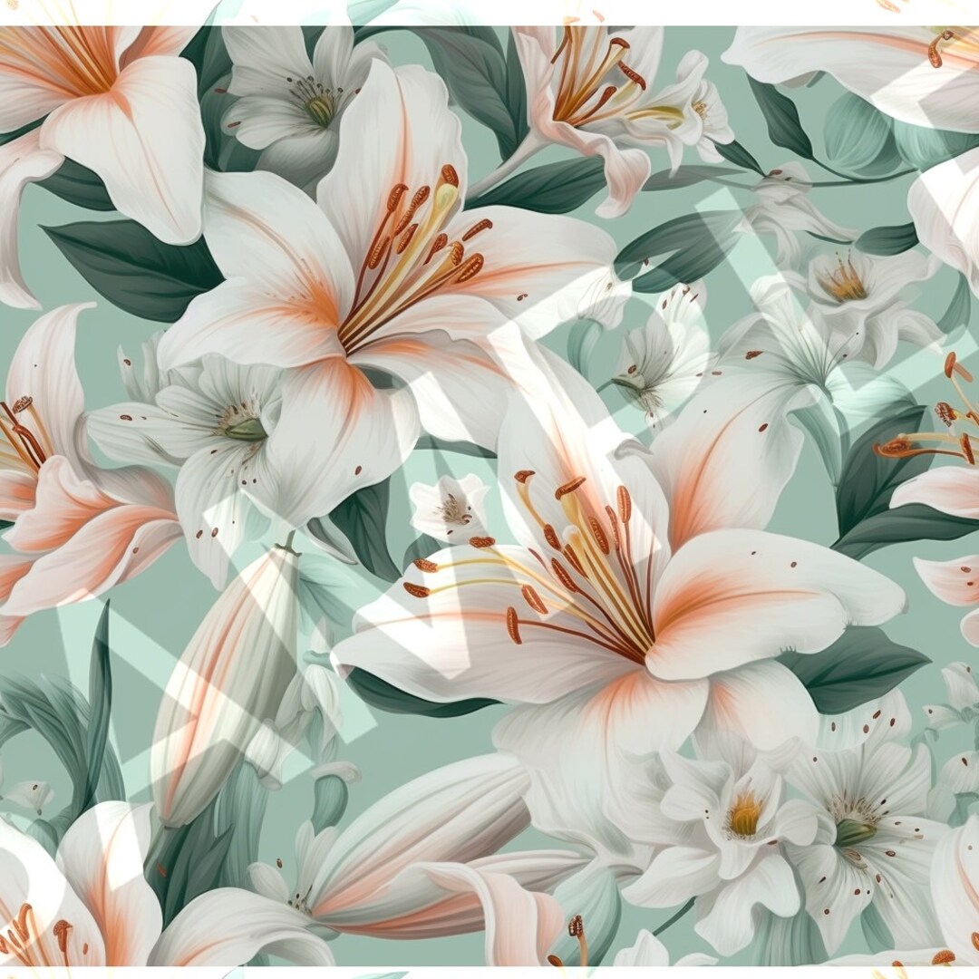 Mint Green, Peach, and White Seamless Photorealistic Lily Floral ...