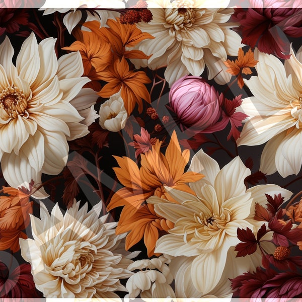 Photorealistic Cinnamon, Saffron, and Fig Fall Asters Seamless Pattern - High Resolution Digital Illustration