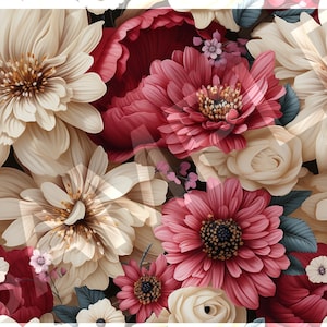 May include: A close-up of a floral print featuring a variety of flowers in shades of pink, white, and cream. The flowers are arranged in a bouquet-like formation, with some flowers overlapping others. The background is a dark, blurred color.
