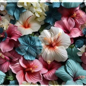 Azure Fuchsia Lime Green Photorealistic Summer Hibiscus Seamless Digital Pattern Illustration