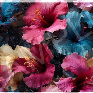 Azure Fuchsia Lime Green Seamless Hibiscus Summer Pattern - High-Resolution Photorealistic Digital Seamless Pattern
