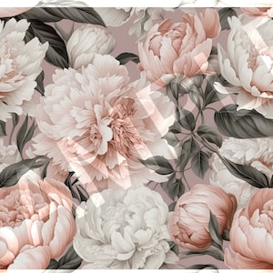 Peut inclure: Un motif sans couture de pivoines roses et blanches avec des feuilles vertes sur un fond rose clair.