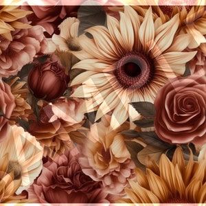 Gyllene persika och ljusröd fotorealistiskt blommigt solros sömlöst mönster - HD digital illustration