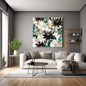 Watercolor Black Emerald Gold Floral Seamless Pattern - High-Resolution Digital Art for Instant Download