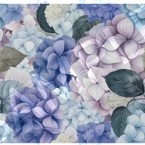 May include: A close-up of a floral pattern featuring blue, purple, and white hydrangeas. The flowers are arranged in a cluster, creating a beautiful and delicate design.