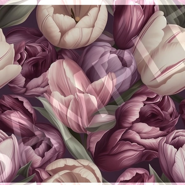 Photorealistic Tulip Seed Floral Seamless Pattern in Mauve, Lilac, and Baby Pink - Digital Illustration