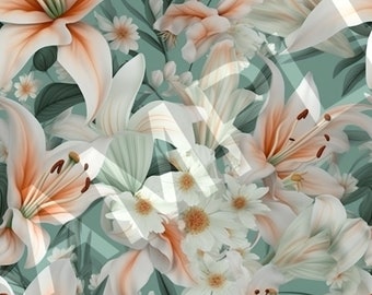 Seamless Floral Lily Pattern in Mint Green, Peach, and White - Photorealistic Digital Illustration