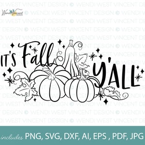 Op de afbeelding: Zwart-wit digitaal ontwerp met pompoenen, pompoenen en bladeren met de tekst "It's Fall Y'all".