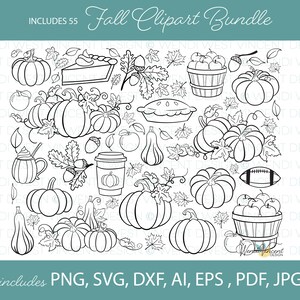 Pacote SVG de outono, pacote png de outono, estilo tinta desenhada à mão, inclui formatos SVG e PNG para sublimação ou gravação a laser, 55 elementos - WV158