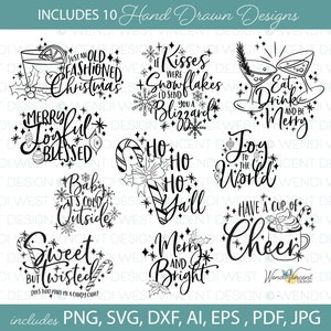 Citations de Noël SVG Bundle Style dessiné à la main, dictons drôles mignons avec des designs ludiques, idéal pour les fêtes, cartes, tasses, t-shirts et plus WV132