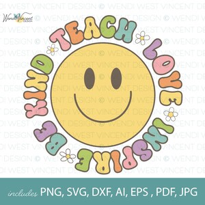 Leraar t-shirt PNG-bestand, Teach Love Inspire Be Kind, cool 70s retro Smiley Face design, geweldig voor lerarengeschenken of klasdecor -WV148