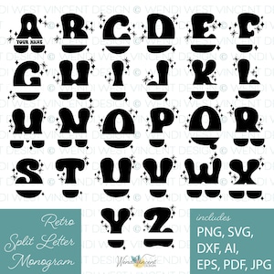 Bundle rétro monogramme SVG lettre fendue, lettres bulles de style rétro groovy des années 70, idéal pour les verres, les chemises, les cadeaux et plus encore - WV196
