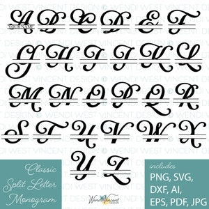 Puede incluir: Una imagen en blanco y negro de una fuente de monograma clásico de letras separadas. Las letras están en estilo cursivo con una línea a través del medio de cada letra. Las letras son de la A a la Z. El texto "Classic Split Letter Monogram" está en la parte inferior de la imagen. El texto "includes PNG, SVG, DXF, AI, EPS, PDF, JPG" también está en la parte inferior de la imagen.