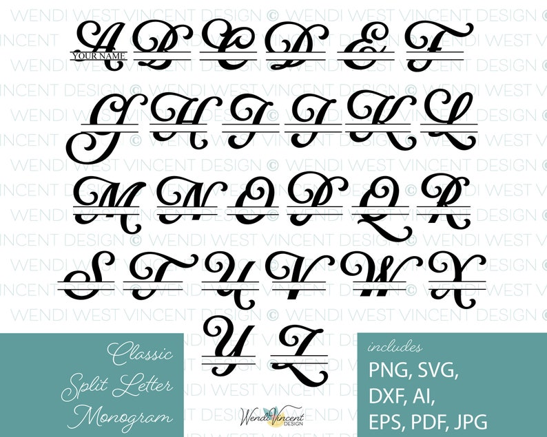 Classic Split Letter Monogram SVG Bundle, Preppy Script Style Letters ...