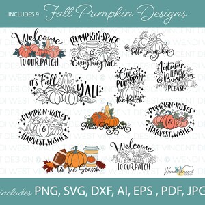 Può includere: Nove disegni di zucca in bianco e nero con testo a tema autunnale. I disegni includono "Benvenuti nel nostro campo", "Spezie di zucca e tutto il bello", "Ciao zucca", "È autunno, amici", "La zucca più carina del campo", "Baci di zucca e auguri di raccolto", "Foglie autunnali e zucche per favore", "È la stagione", e "Benvenuti nel nostro campo".