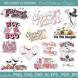 Retro Halloween PNG-bundel, 12 Halloween-sublimatieontwerpen, groovy retrostijl in moderne pastelkleuren, ideaal voor t-shirts - WV192