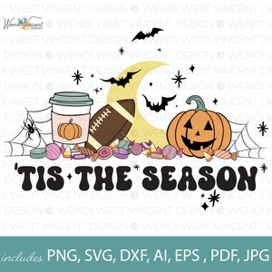 Tis the Season Halloween PNG sublimation file, in a cute retro style with pumpkin spice latte and football, Great for mugs & t-shirts -WV185