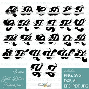 May include: A set of 26 black and white retro split letter monogram designs with a starburst pattern. Each letter is split in half with a horizontal line and a space for a name. The letters are in a stylised font with a curved, flowing design. The text "includes PNG, SVG, DXF, AI, EPS, PDF, JPG" is at the bottom of the image.