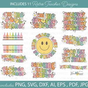 Retro Teacher Quote Bundle PNG Bundle, 11 Designs Cool style texte ondulé des années 70 avec des marguerites et des étincelles, pour une variété d'artisanat et de cadeaux -WV149