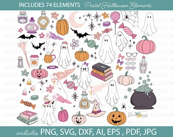 May include: A set of 74 pastel Halloween themed digital clipart elements. The elements include ghosts, pumpkins, candy, bats, witches hats, and more. The elements are perfect for creating Halloween crafts, cards, and decorations.