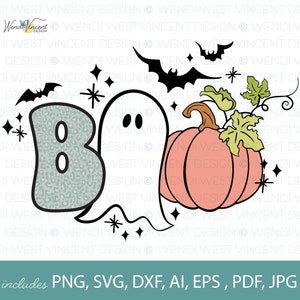 Può includere: Un design digitale con la parola "BOO" in una stampa leopardata blu chiaro e bianca, un fantasma bianco con due occhi neri e una zucca color pesca con foglie verdi. Il design include stelle e pipistrelli.