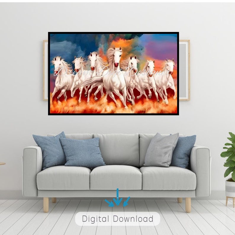 Lucky 7 Running Horses Painting, White Horse Animals Canvas Print ...
