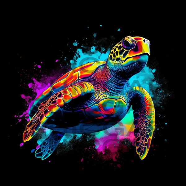 Neon Splatter Farbe Meeresschildkröte mit schwarzem Hintergrund digitaler download PNG Sublimation