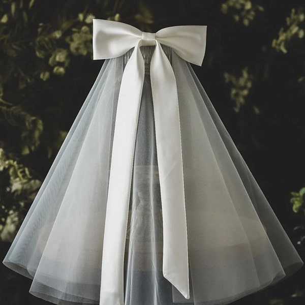 Cute Bow Wedding Veil Korean Wedding Veil Bridal Bow Veil White Veil Hair Bow Veil Shoulder Length Veil White Satin Bow Simple Bridal Veil