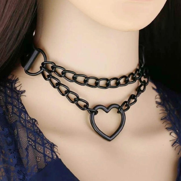 Heart Charm Layered Choker Choker with double chain and o-ring, leather choker, collar with o-ring, biker choker, kitty collar with