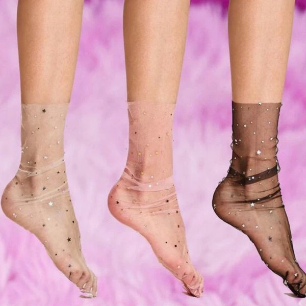 3 pairs Star Print Crew Socks,| Tulle Socks, Lace, Sheer Stockings Hosiery, Aesthetic Clothing, Socks for Women by Americano Crystals