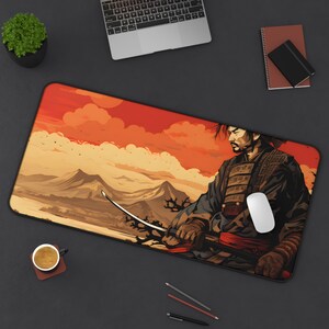 Cartoon Samurai Desk Mat - Japanese Warrior with Sword Out - Large Mouse pad for Office, Gaming, Home Office - Unique Gift Idea